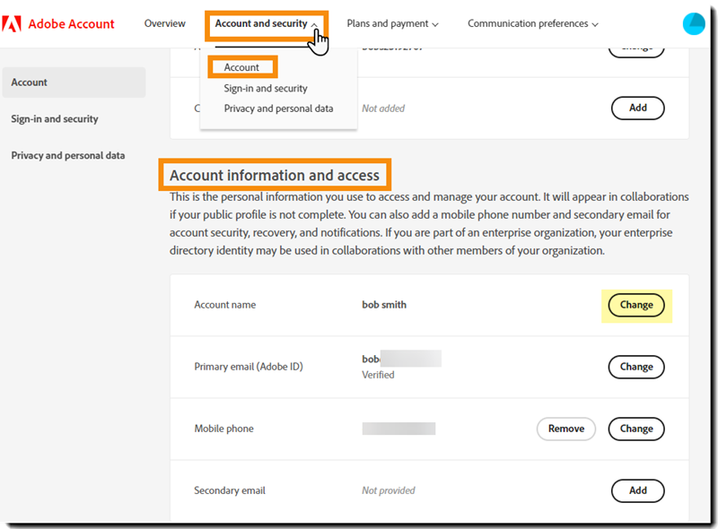 Change your email or name in Acrobat Sign